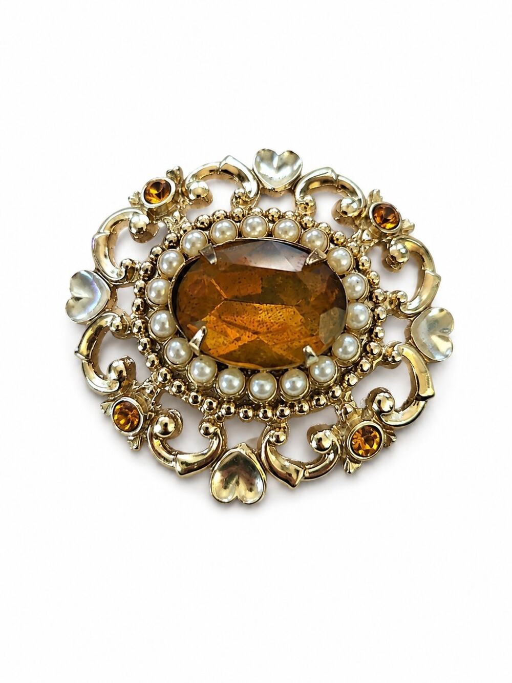 Coro Brooch Pin Amber Colored Rhinestones Faux Pearls Goldtone Filigree
